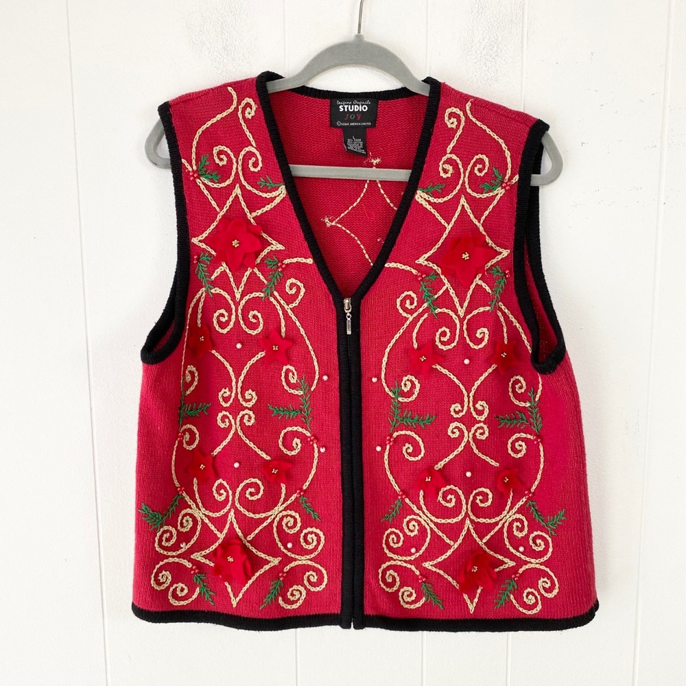 Designers Originals Studio Joy Red Poinsettia Christmas Sweater Vest Large